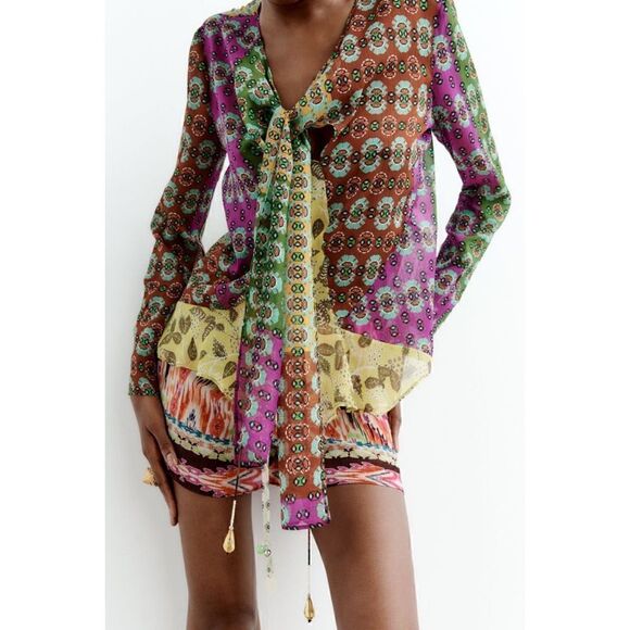 NWT Zara Multicolor Semi-Sheer Long Sleeve Tie Scarf Beaded Boho Printed Blouse - Picture 6 of 16